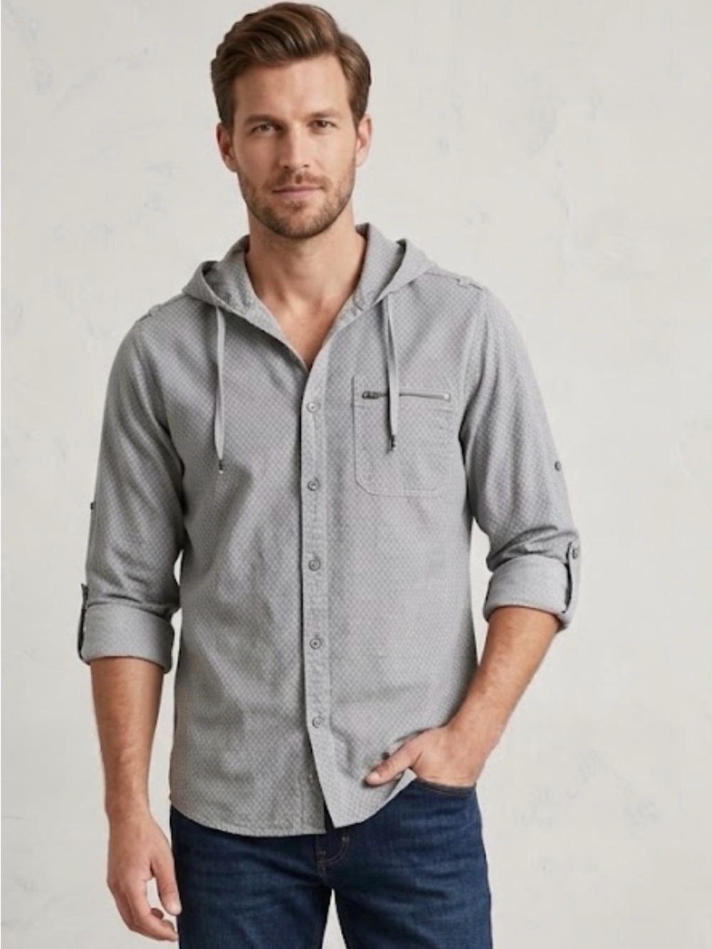 DKNY Jeans Men’s Grey Patterned Hooded Button Down Shirt XL A 52